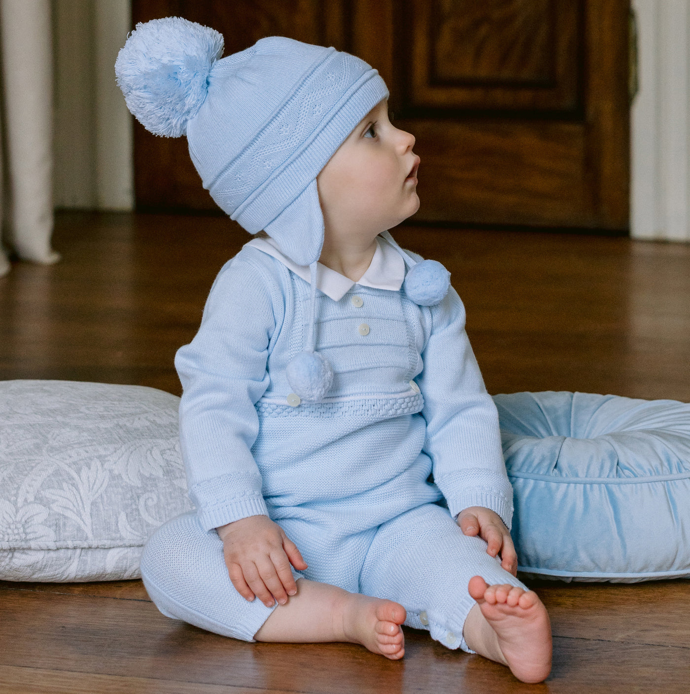 Griffin Blue Baby Bobble Hat with Ear Flaps