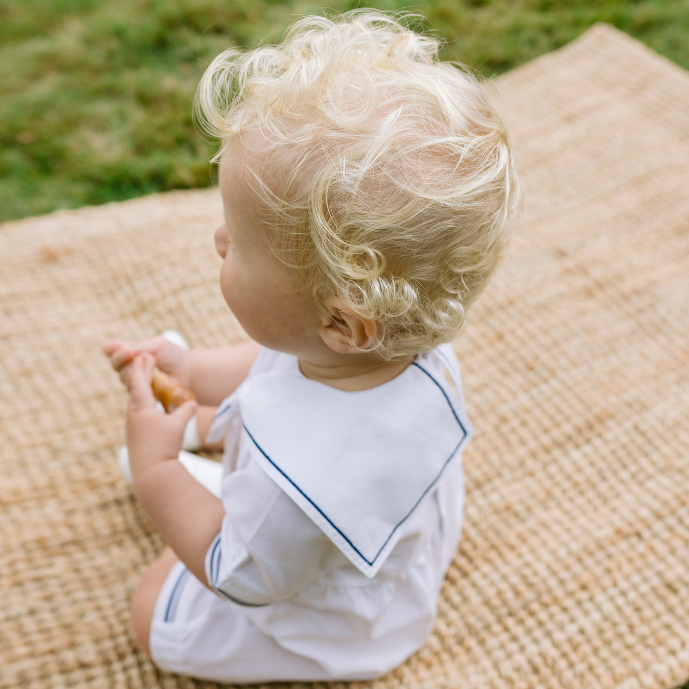 Jaden White Linen Boys Sailor Romper with Hat