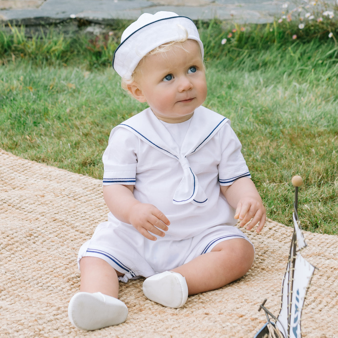 Jaden White Linen Boys Sailor Romper with Hat