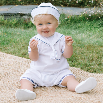 Jaden White Linen Boys Sailor Romper with Hat