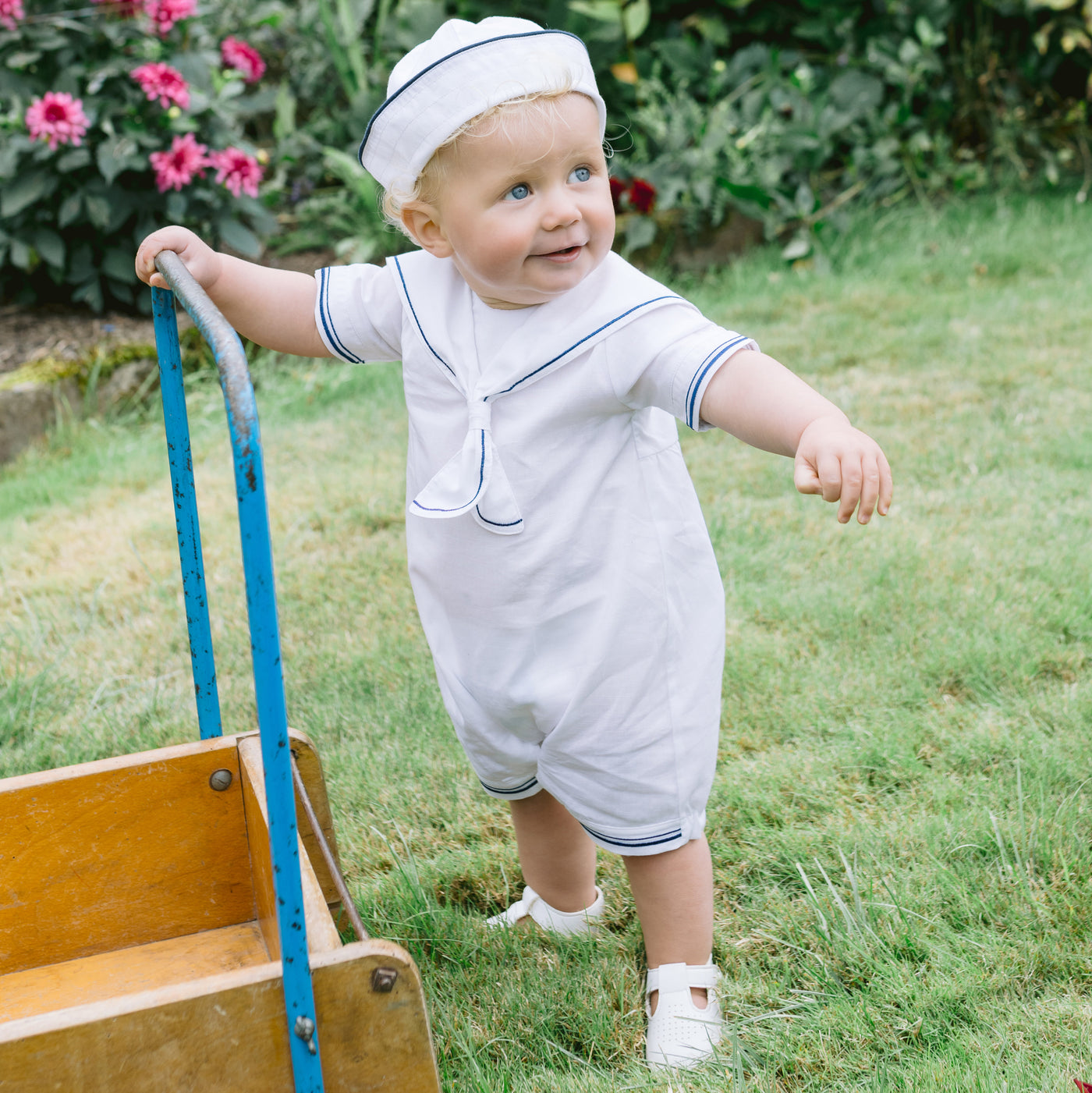 Jaden White Linen Boys Sailor Romper with Hat