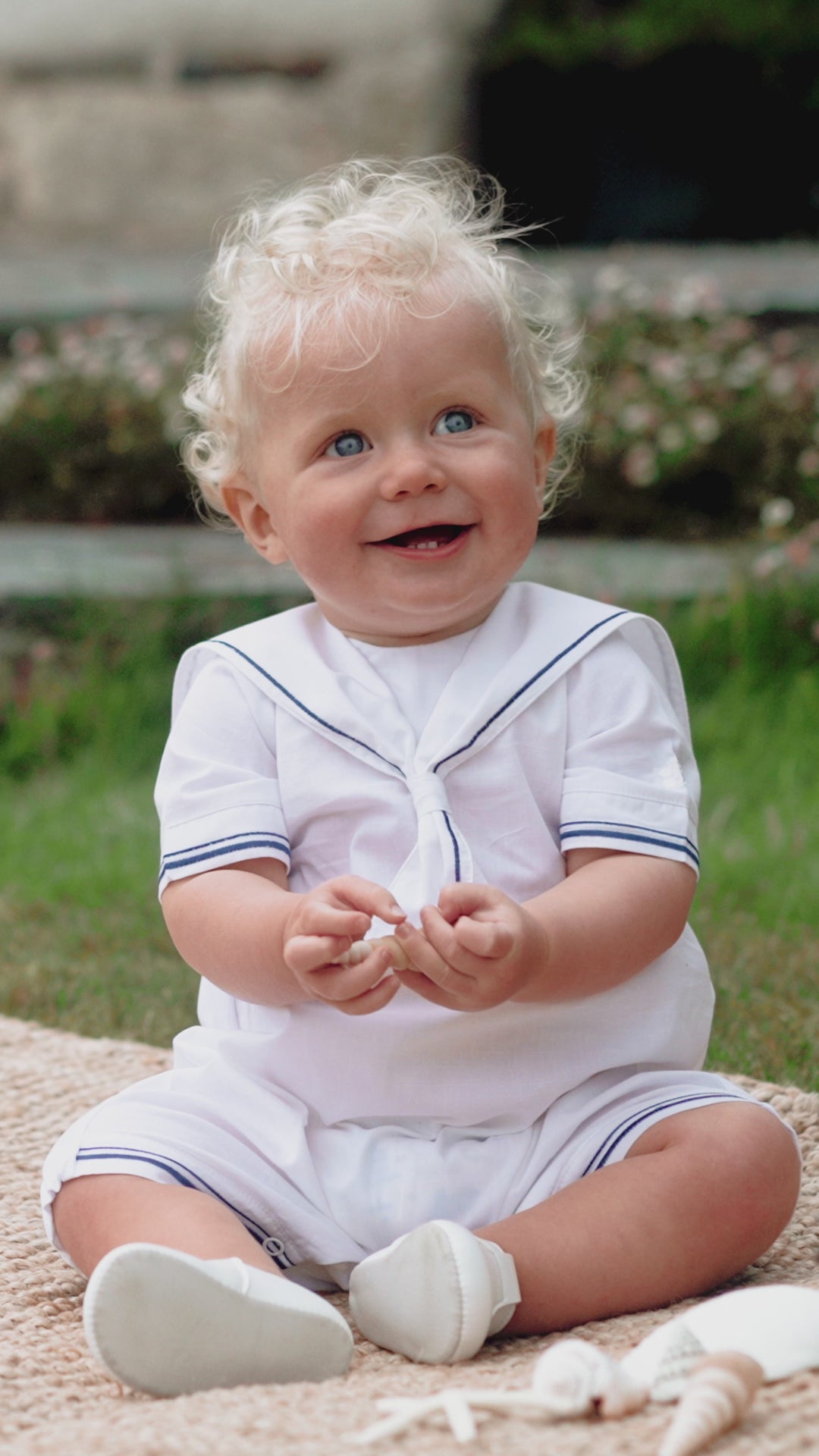 Jaden White Linen Boys Sailor Romper with Hat